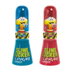 Toxic Waste Slime Licker Spray candy in blue razz and strawberry flavors. One of each shown.