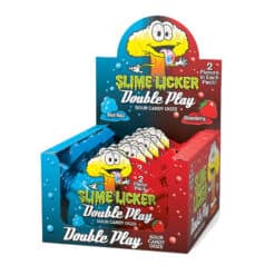 Toxic Waste Slime Licker Double Play candy in a display of 12 shown. Each pack contains blue razz and strawberry flavors.