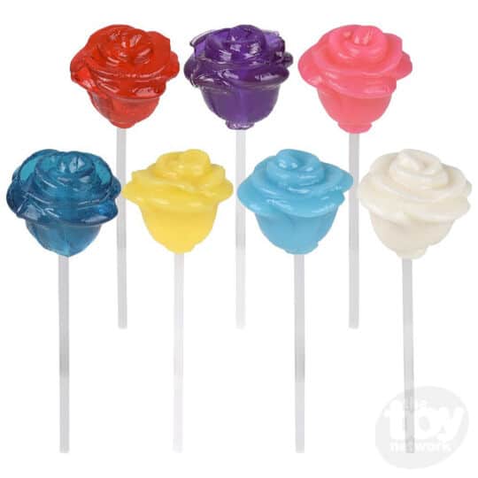 Rose Pop Sucker shown in 7 flavors in colors red, purple, pink, dark blue, yellow, light blue, and white.