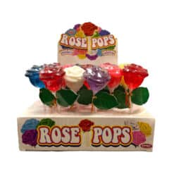 Front view of Rose Pop Sucker display with 7 flavors and colors of suckers.