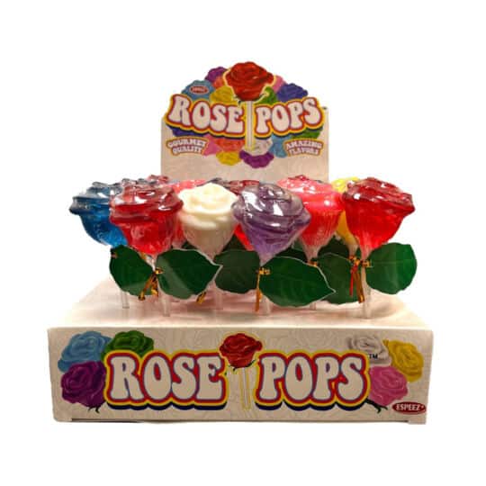 Front view of Rose Pop Sucker display with 7 flavors and colors of suckers.