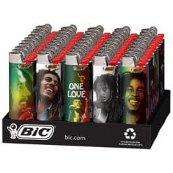 Bob Marley Series BIC Lighters in 8 designs on a display tray of 50 count.