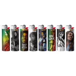 Bob Marley Series BIC Lighters showing the 8 designs included in a display.