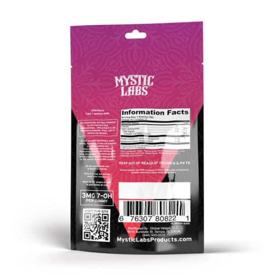 Mystic Labs 7OH Kratom 36mg Gummies Berry flavor in 12 count pack. Back of pack shown.