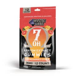 Mystic Labs 7OH Kratom 36mg Gummies Citrus flavor in 12 count pack. Front of pack shown.