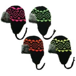 Neon Trooper Hats with Plush Fur inside and ear flaps comes in 4 neon colors pink, green, orange, and yellow.