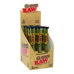 RAW Bud Wrapped Pre-Rolled 3-pack Cones display with 12 tubes.