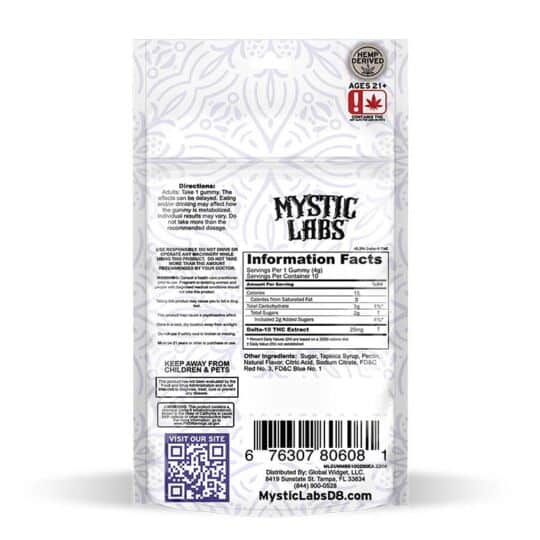 Mystic Labs Delta-10 250mg Berry Gummies 10ct Pack showing the back of bag with ingredients facts.