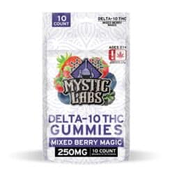 Mystic Labs Delta-10 250mg Berry Gummies 10ct Pack showing front of the bag.