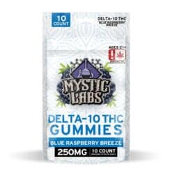 Mystic Labs Delta-10 250mg Blue Raspberry Gummies 10ct Pack showing front of the bag.