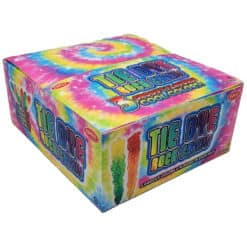 Tie Dye Rock Candy Sticks individually wrapped in a colorful counter display box. Closed view.