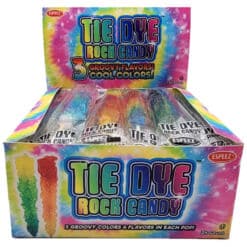 Tie Dye Rock Candy Sticks individually wrapped in a colorful counter display box.